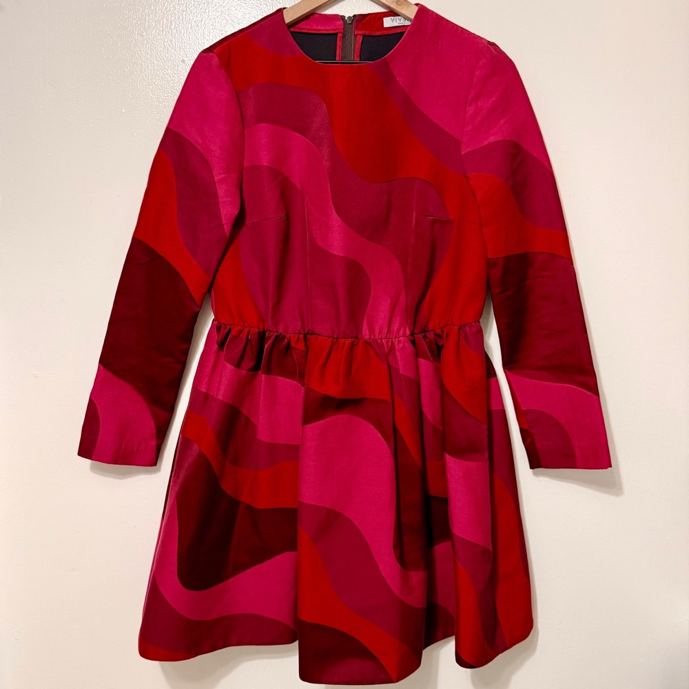 VIVETTA Made in Italy Retro Wavy Colorblock Long Sleeve Mini Dress Red Pink 44 8